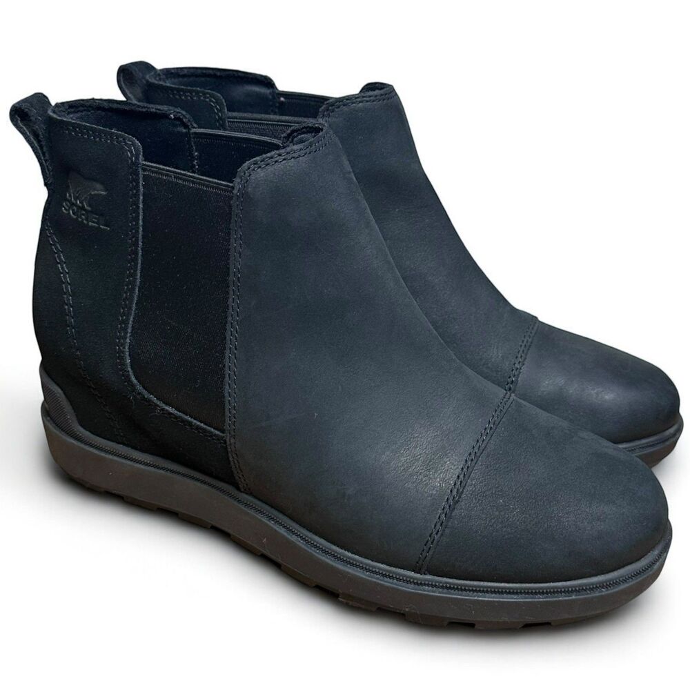 Sorel Boots Sz 9 US Evie II Black Leather Chelsea Ankle Booties Shoes Slip On